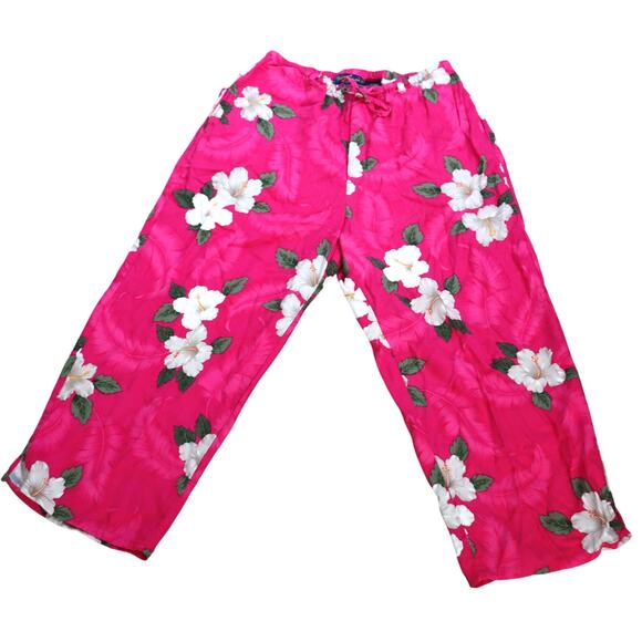 Vintage Y2K Island Traders Hot Pink Hawaiian Capri Pants Drawstring Wide Leg L - Picture 1 of 7